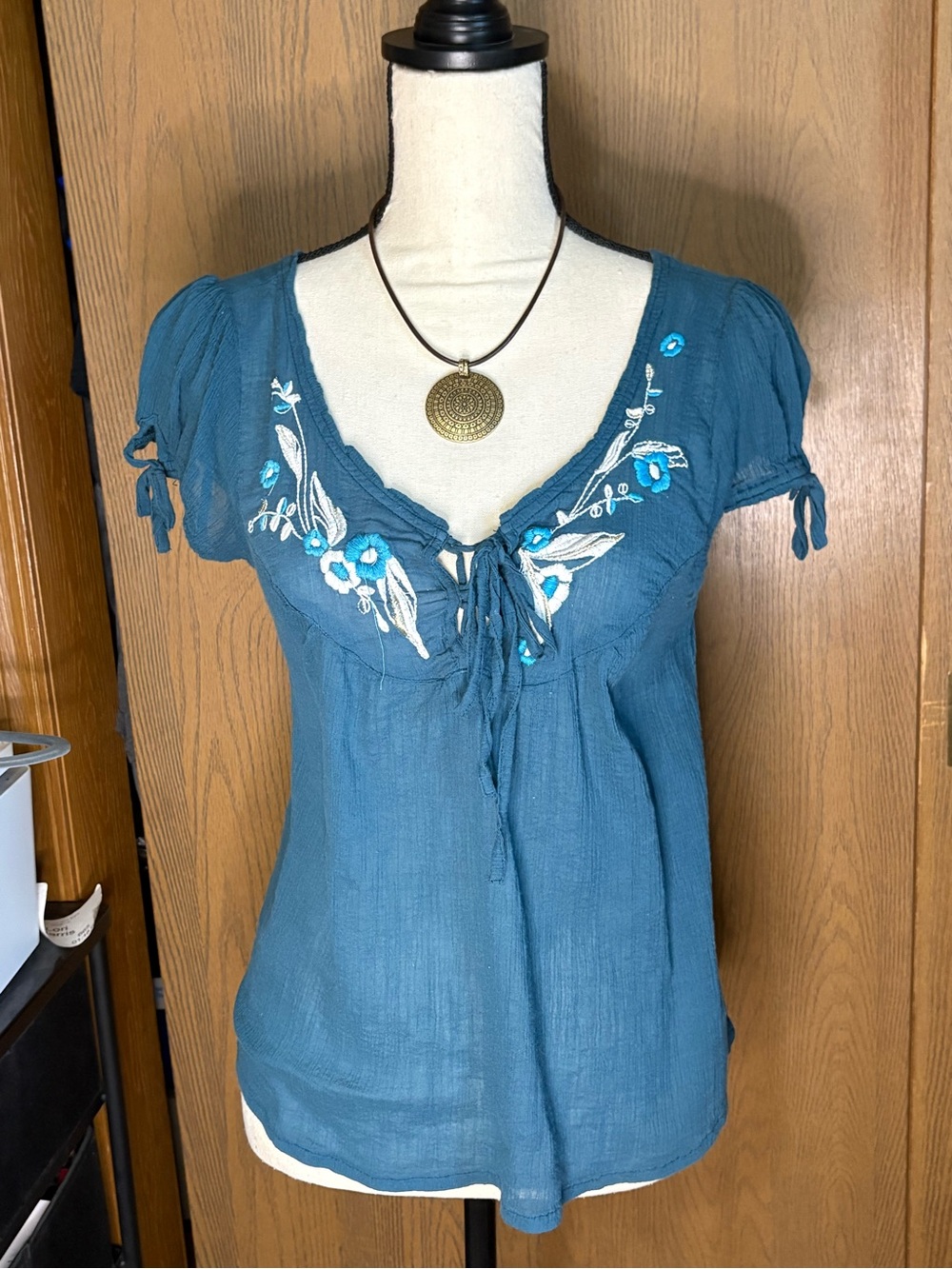 Charlotte Russe Teal Embroidered Peasant Blouse
